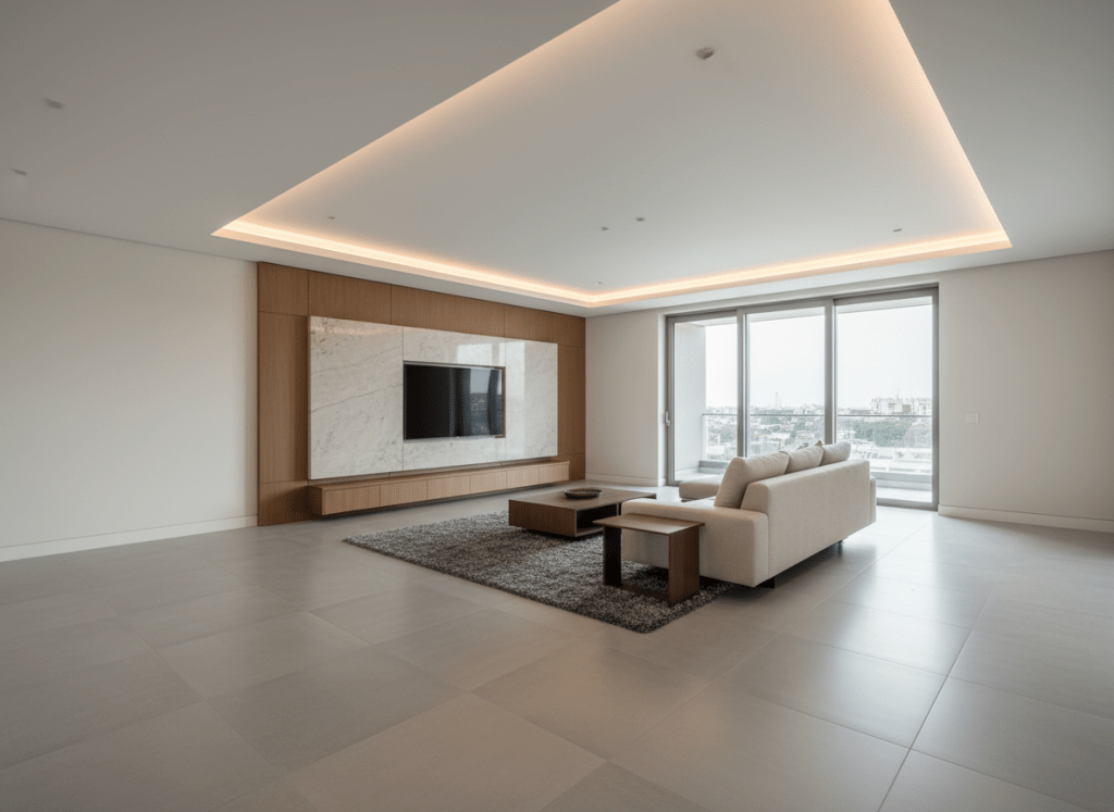 An impeccably finished interior of a high-end residential living space showcasing superior contracting work: smooth, perfectly painted off-white walls, crisp gypsum board ceilings with recessed LED strip lighting, and precisely installed large-format porcelain tiles with minimal grout lines in a soft gray tone. A custom-built TV wall cladding of wood veneer and textured stone runs along one side, while an aluminum-framed sliding glass door opens to a balcony, flooding the room with soft natural daylight. Shot in photographic realism from a corner at eye level, the composition uses a wide-angle lens to capture the entire space, with a calm, luxurious, and professional mood that highlights quality finishes and meticulous detail.