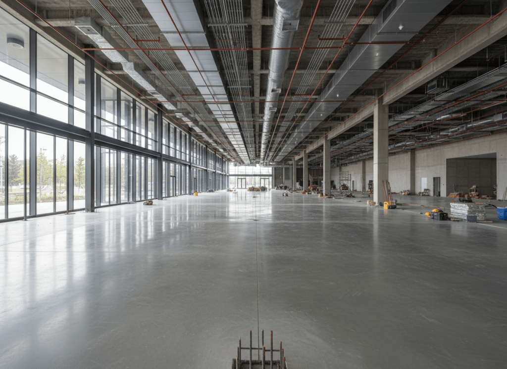 A spacious, modern commercial building lobby under construction, with smooth, newly poured concrete floors and high ceilings revealing perfectly aligned steel trusses and ductwork. Electrical conduits and fire sprinkler lines run in clean, parallel lines, illustrating organized MEP work. Along one side, a nearly finished glass curtain wall with dark aluminum frames lets in abundant diffused daylight, casting soft reflections on the floor. Photographic realism at a slightly elevated angle captures the symmetry and depth of the space, with sharp focus from foreground to background. The mood is professional and forward-looking, emphasizing the scale and precision of the project, ideal for highlighting commercial contracting capabilities and high construction standards.
