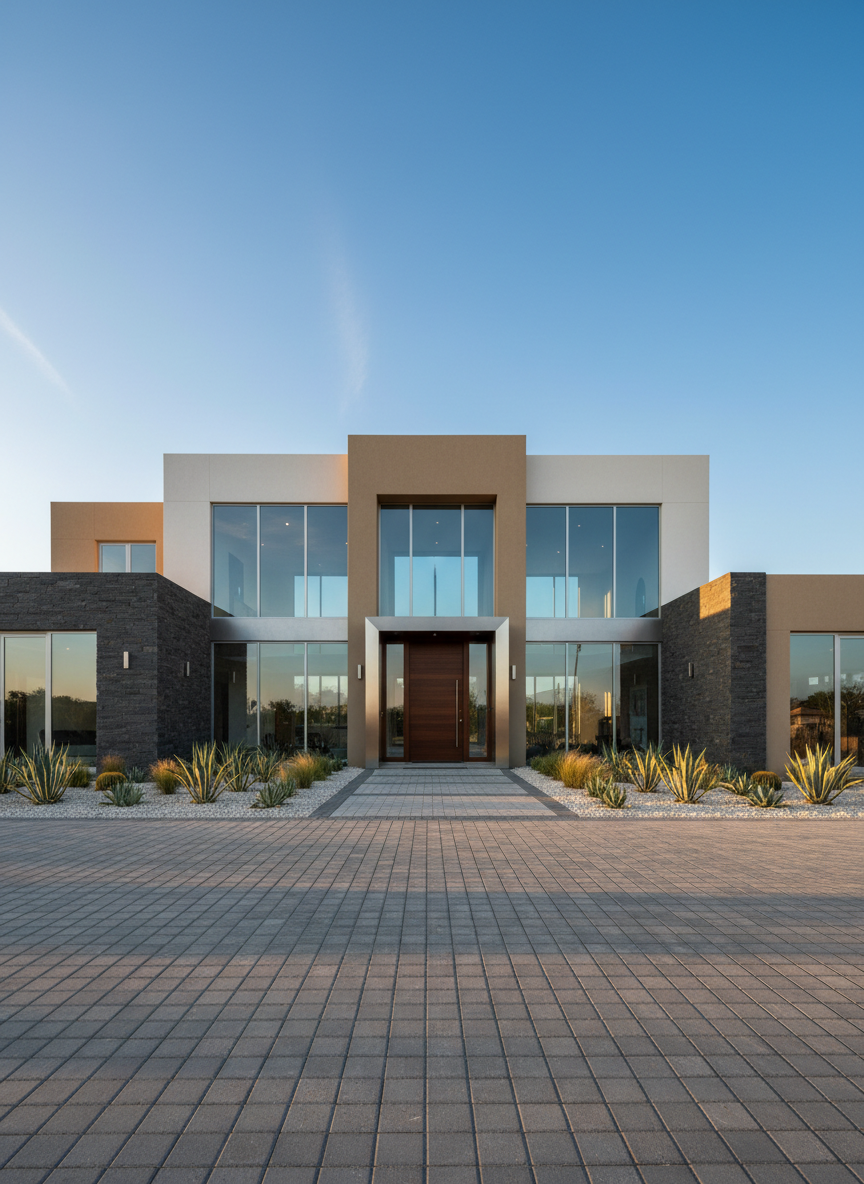 A pristine, newly completed luxury villa exterior with sharp architectural lines, smooth white and sand-colored stucco walls, and dark gray stone cladding accents. The main entrance features a solid wood pivot door framed by brushed aluminum, while large floor-to-ceiling glass windows reflect a clear sky. The villa is set within a precisely paved driveway of interlocking concrete pavers, bordered by neatly arranged gravel and low-maintenance desert plants. Photographic realism with golden hour lighting casts a warm glow on the façades, highlighting textures and subtle shadows. Shot from a slightly low, wide-angle perspective, the composition conveys solidity, elegance, and meticulous construction quality, with a calm, professional mood ideal for a high-end contracting company showcase.